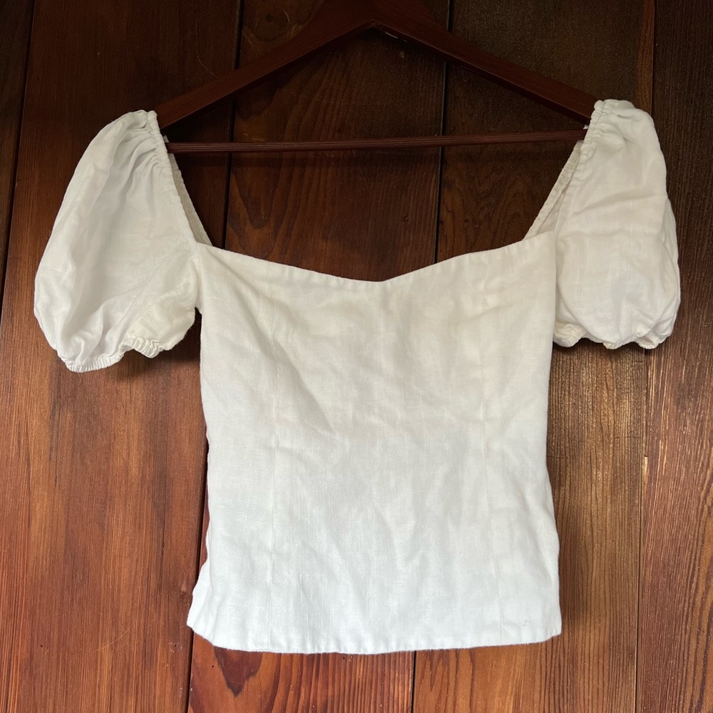 Reformation linen sweetheart neck puff sleeve top